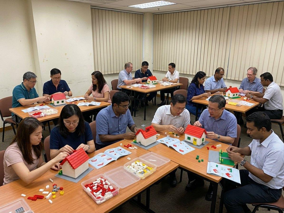 Colleagues at several tables in an office function room, each team building the same small red-roofed cottage set, with vertical blinds on the windows