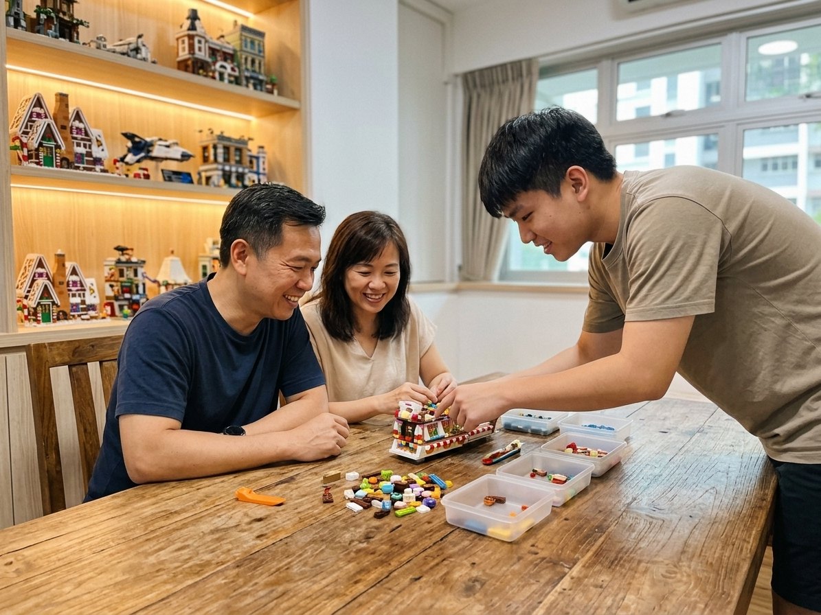 A couple building a small custom model together at a wooden table while a builder guides them, with lit shelves of brick builds behind