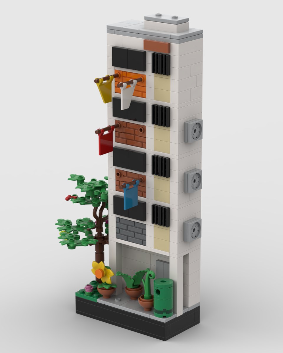 3D render of the whole brick-built HDB block: a tall white tower with laundry poles, air-conditioner units, a tree and a void deck with potted plants