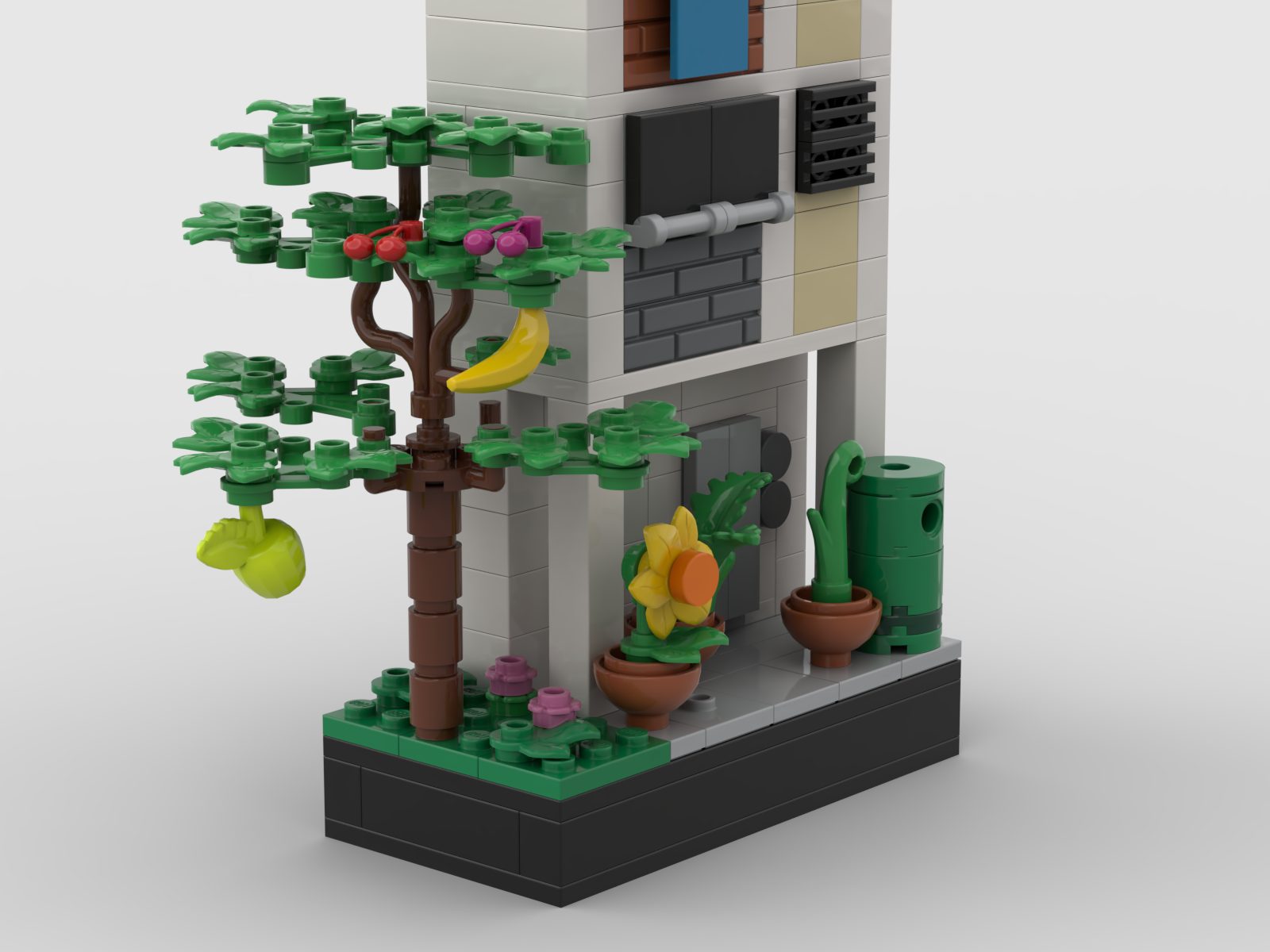 Brick-built HDB block: the void deck from the front, with a fruit tree, potted plants and a green bin
