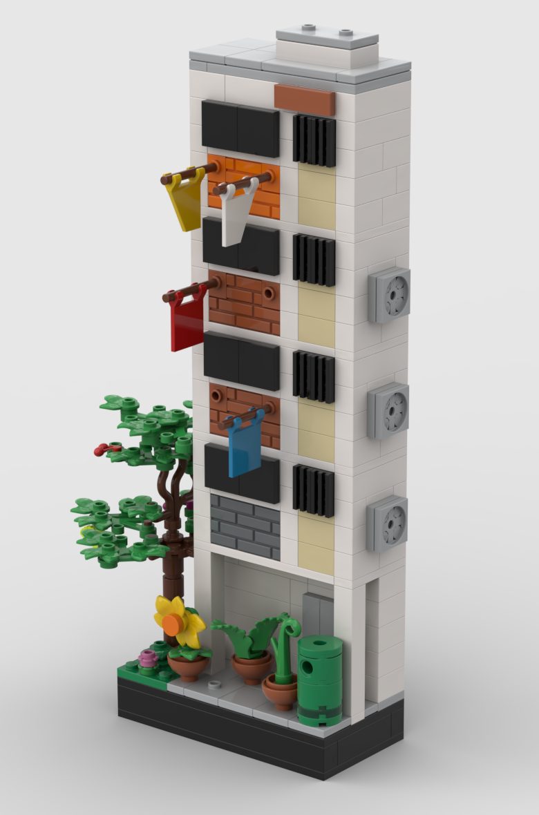 The whole brick-built HDB block, with laundry poles, a tree and a void deck