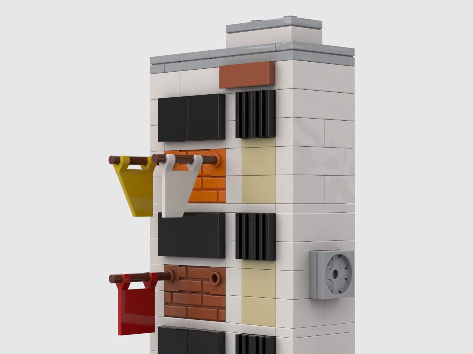 HDB block roof detail, with laundry poles, window panels and an air-conditioner unit