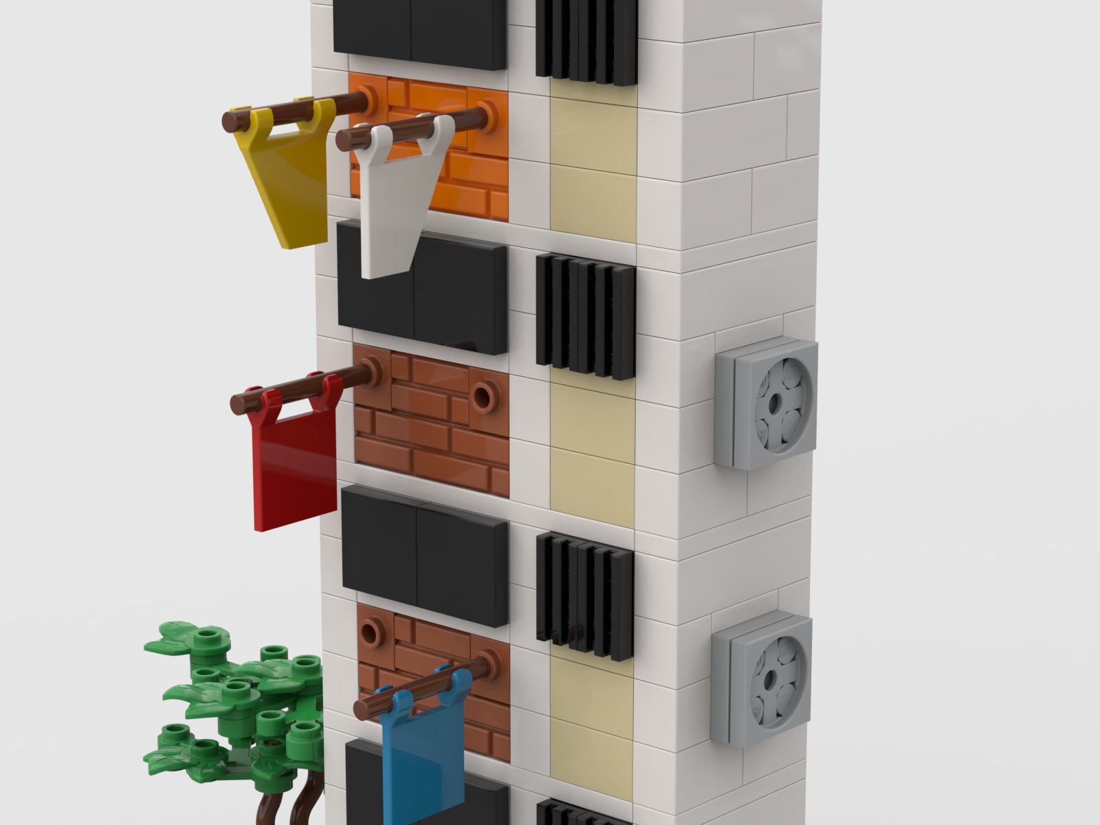 HDB block middle floors, with coloured laundry, brick panels and air-conditioner units