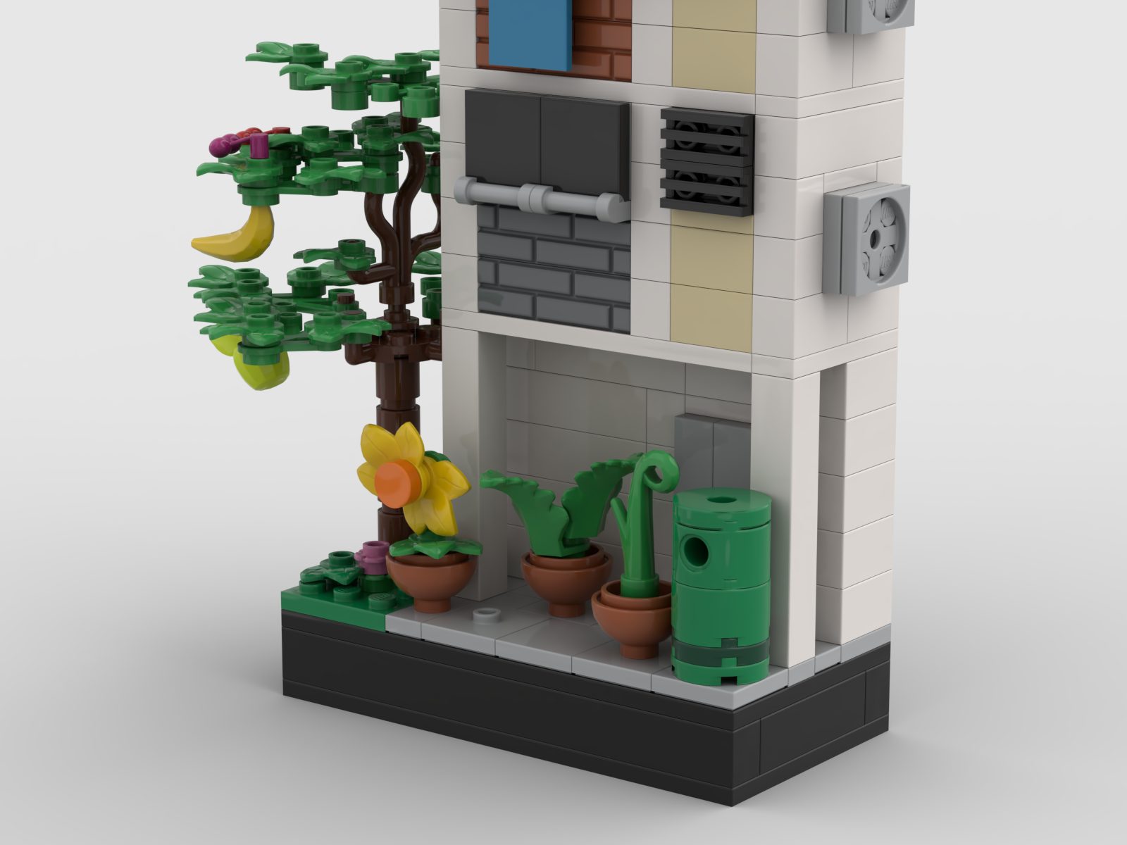 HDB void deck from the side, with a tree, sunflower, potted plants and a green bin