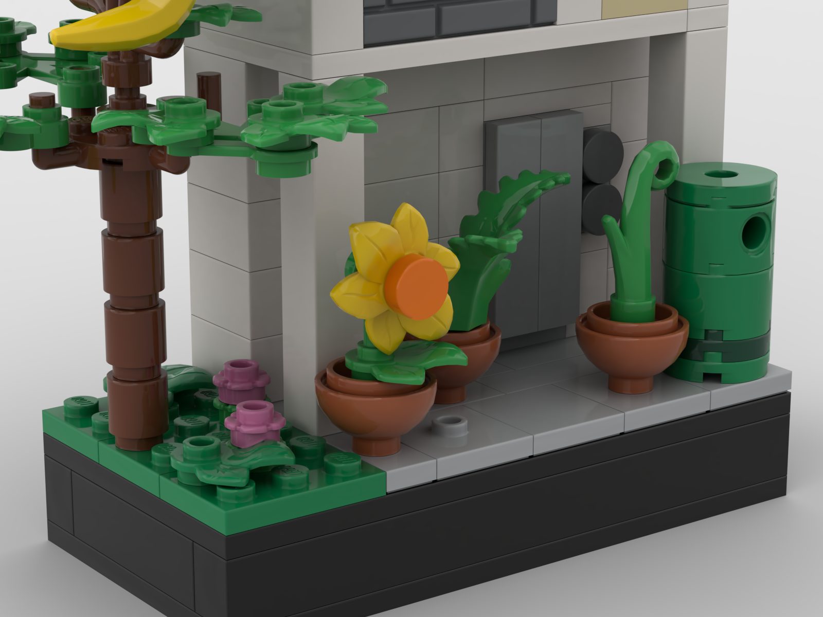 Close-up of the HDB void deck's sunflower, potted plants and bin beside the tree trunk