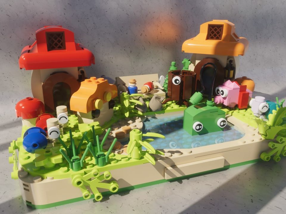 The Henesys diorama with red and orange mushroom houses, a pond, a pink pig and a green turtle